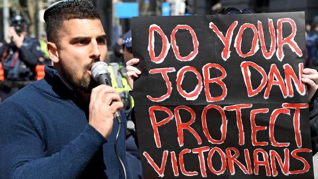 Avi Yemini speaks at a rally he organised in Melbourne on September 17 2017.