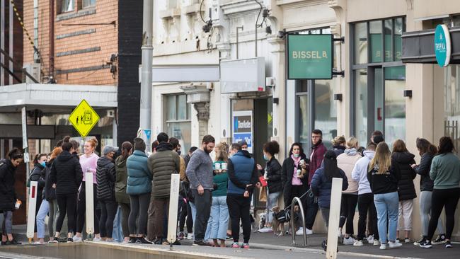 A hit of coffee and the promise of a bagel were enough to draw a crowd to Richmond in Melbourne on Sunday despite no moves to ease the lockdown. Picture: Rob Leeson