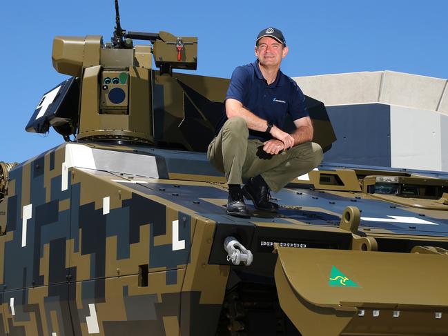 "EMBARGOED UNITL MONDAY 18TH OCTOBER Contact the Courier Mail" Rheinmetall Defence Australia Managing Director Gary Stewart pictured with the companies newest combat support vehicle and hope to export to local and foreign military. Riverview Saturday 16th October 2021 Picture David Clark