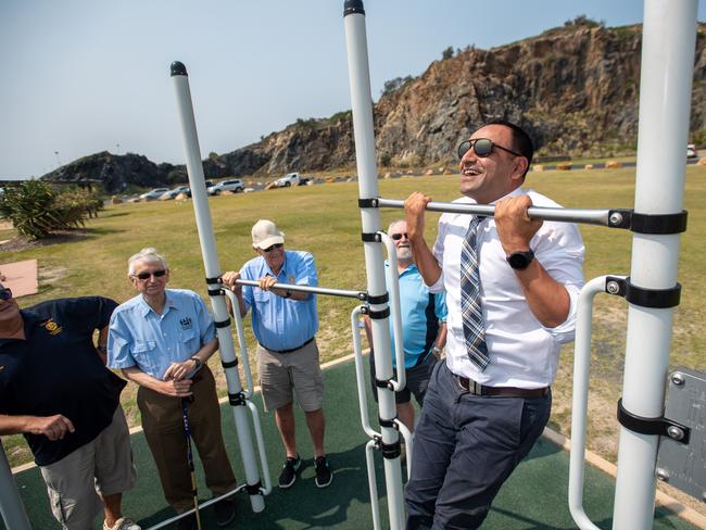 Member for Coffs Harbour Gurmesh Singh unveils the new fitness station with Rotary Club of Coffs Harbour members.