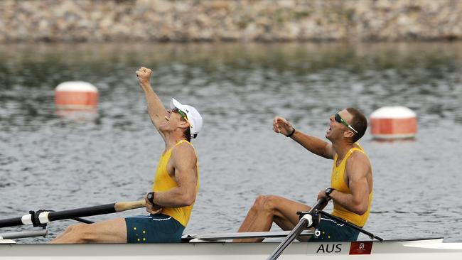 Beijing Olympics 2008. Rowing. Duncan Free and Drew Ginn embrace after winning gold