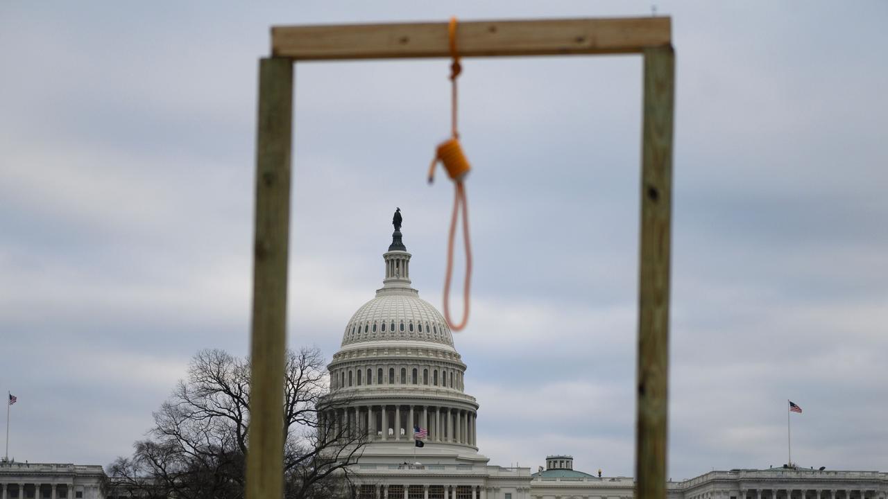 A noose is seen on makeshift gallows as supporters of Donald Trump stormed the US Capitol. Picture: Andrew Caballero-Reynolds / AFP