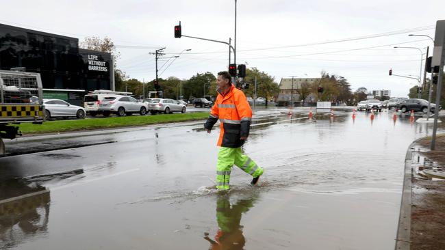 Greenhill Rd has been closed to eastbound traffic because of flooding. Picture: Dean Martin