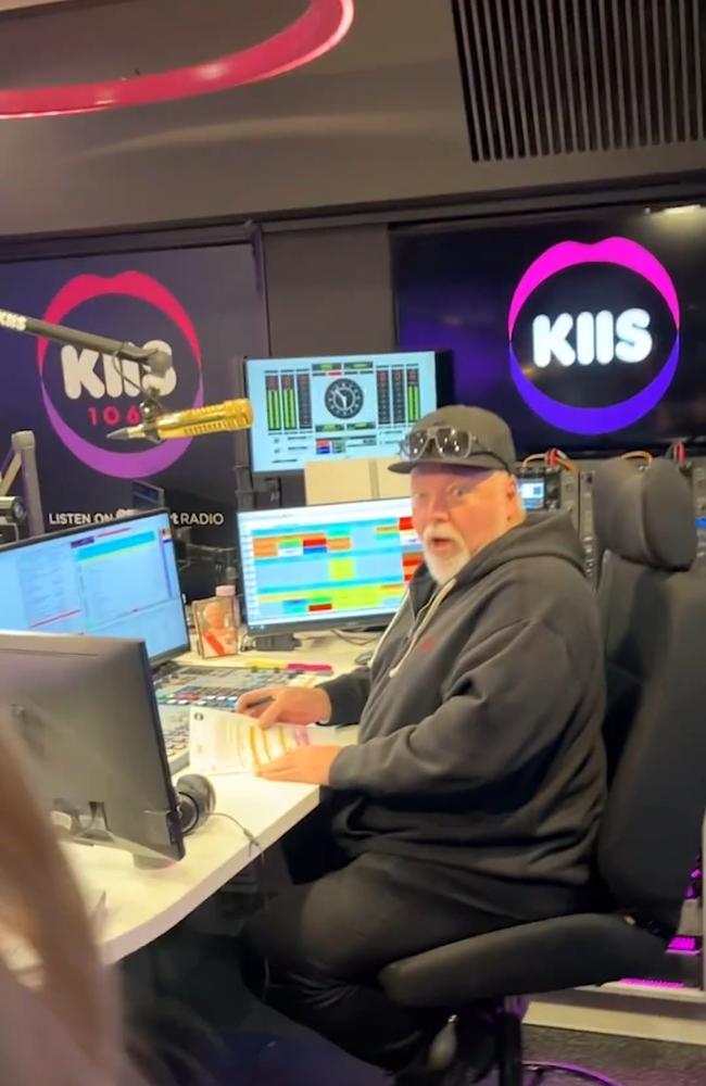 Kyle Sandilands looked shocked as Jackie O turned up for work in last night’s outfit. Picture: kyleandjackieo/Instagram