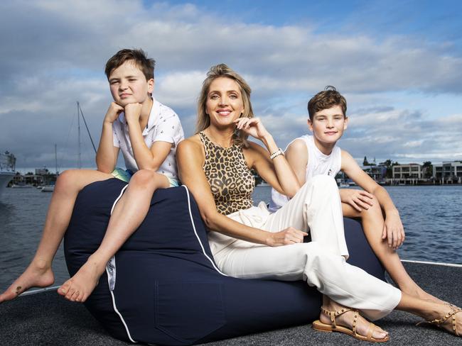 Actress Nikki Osbourne with her two sons Teddy 9, and Will 13, who have recently moved to Queensland from Victoria to escape the lockdown restrictions and are looking to buy a house on the Sunshine Coast. Picture Lachie Millard