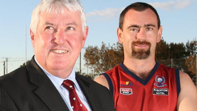 Then Rosewater Football Club captain Adam Rumbelow, with then club president John Reardon, models the club’s heritage round guernsey in 2010. Rumbelow is now facing a life ban after an incident with an umpire. Picture: Strephen Laffer.