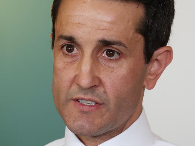 Leader of the Opposition David Crisafulli, during a media conference at The Laneway Green cafe, Springwood. Picture: Liam Kidston