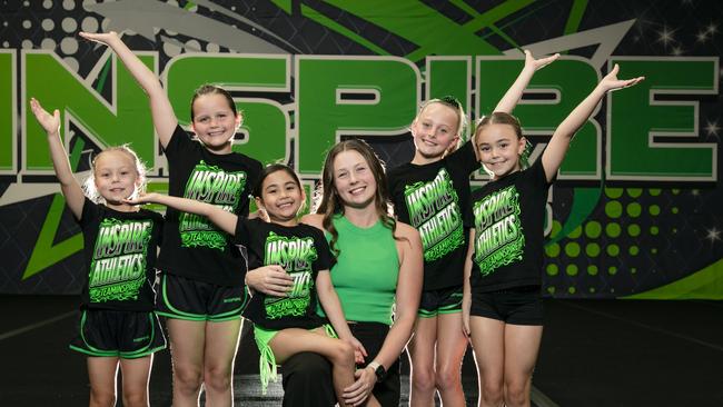 Remi Wallace , Evie Wilson, Dani Manning Journey Hipwood ,Chloe Pienaar and Imogen Wallace as Inspire Athletics has won the best cheerleading gym on the Gold Coast competition. Picture: Glenn Campbell