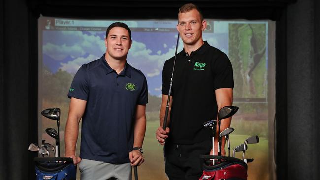 NRL stars and Kayo ambassadors Mitchell Moses and Tom Trbojevic ahead of Sunday's game at Bankwest Stadium. Picture: Richard Dobson