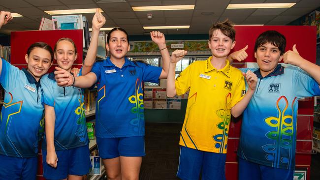 Stuart Park Primary School school captains Angela Mouzourakis, Lili Johnston, Eva Tsirogianis, Austin Robinson and Caleb Nathanael said the Middle Schoolers for the Day program was helping them prepare for next year. Picture: Pema Tamang Pakhrin