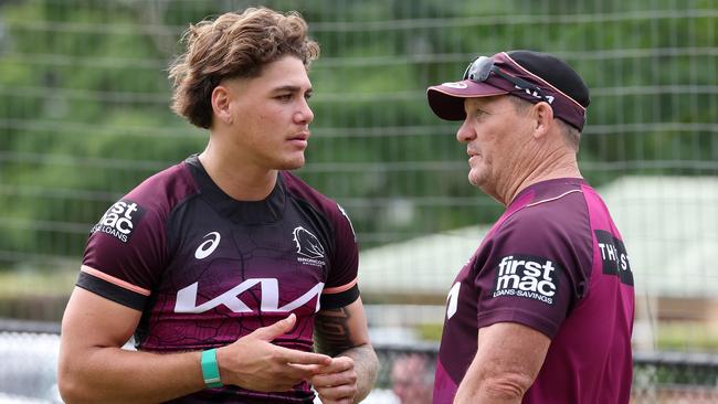 Reece Walsh talking with coach Kevin Walters, Brisbane Broncos training, Red Hill. Picture: Liam Kidston