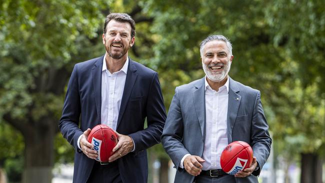 Latitude CEO Ahmed Fahour with Richmond FC CEO Brendan Gale at Punt Road oval. Picture: Aaron Francis/The Australian