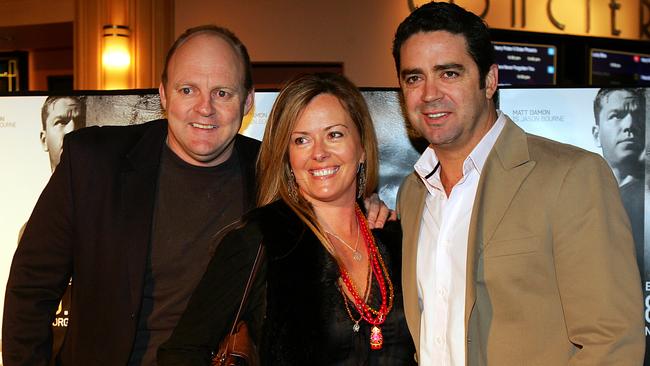 Three’s a crowd. Billy Brownless, then wife Nicky and Garry Lyon.