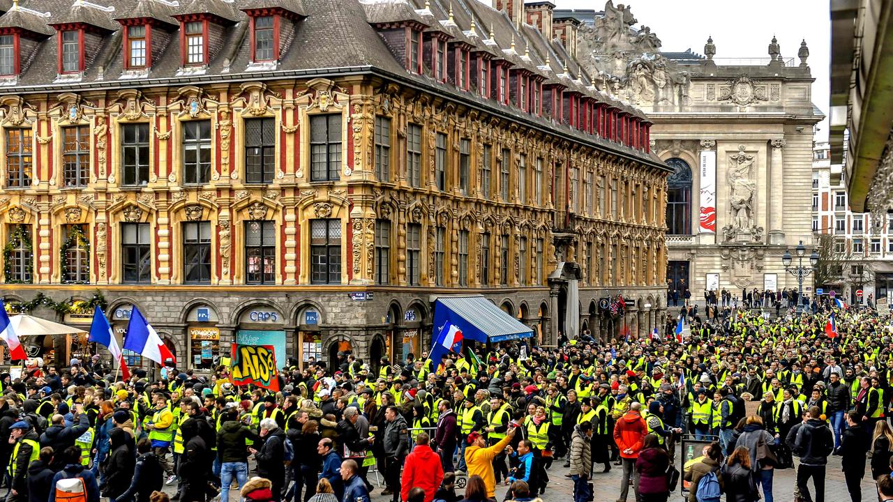 Yellow vests (gilets jaunes) protesters take part in an anti-government demonstration in downtown Lille, northern France. Picture: AFP 