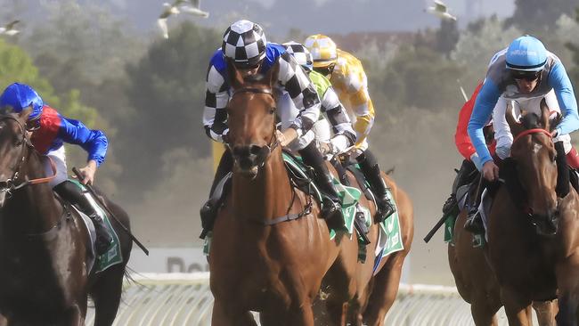 KEMBLA GRANGE, AUSTRALIA - NOVEMBER 19: Jason Collett on Nugget wins race 9 the Abax Contracting Benchmark 88 Handicap during Sydney Racing at Kembla Grange on November 19, 2022 in Kembla Grange, Australia. (Photo by Mark Evans/Getty Images)