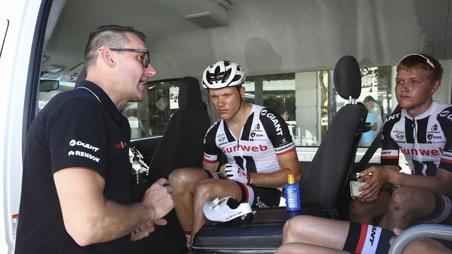 Luke Roberts talks to his Sunweb team before the start of a Tour Down Under stage at Unley. Picture: Sarah Reed