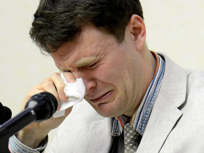 American student Otto Warmbier sobs at a March 2016 press conference in Pyongyang. Warmbier died after being released by the regime in June 2017. Picture: AFP PHOTO/KCNA VIA KNS