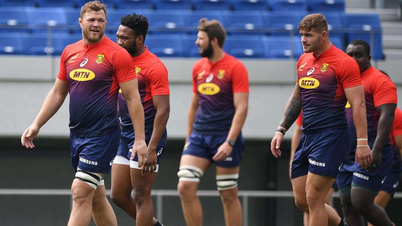 South Africa take part in a training session at the Kumagaya Rugby Stadium.