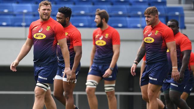 South Africa take part in a training session at the Kumagaya Rugby Stadium.