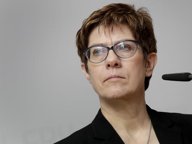 Annegret Kramp-Karrenbauer, chairwoman of the German Christian Democratic Union party, CDU, attends a joint statement with Manfred Weber, member of the Christian Social Union party, CSU, and top candidate of the European People's Party (EPP) for the European elections, as part of a closed meeting of the party's board in Potsdam, Germany, Monday, Jan. 14, 2019. (AP Photo/Michael Sohn)