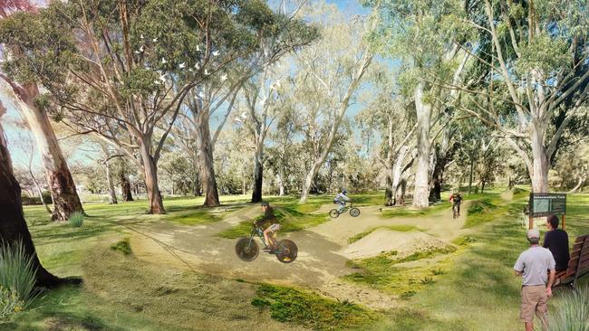 Artist impression of Campbelltown Council’s proposal for a BMX bike track in natural bushland along Third Creek in the Gums Reserve, Tranmere. Picture: Campbelltown Council