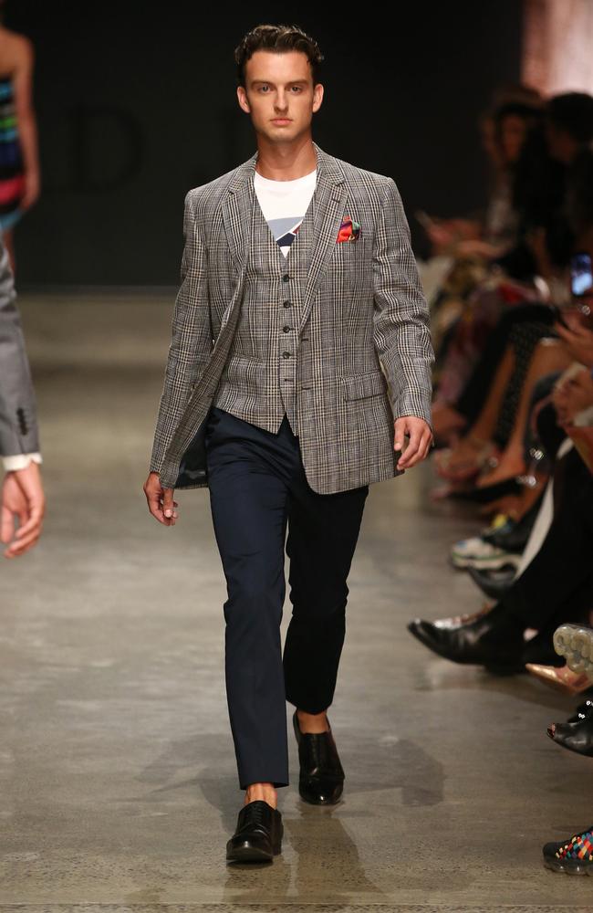 Cameron Robbie on the catwalk at the David Jones autumn/winter collection show at MONA’s The Void. Picture: David Caird