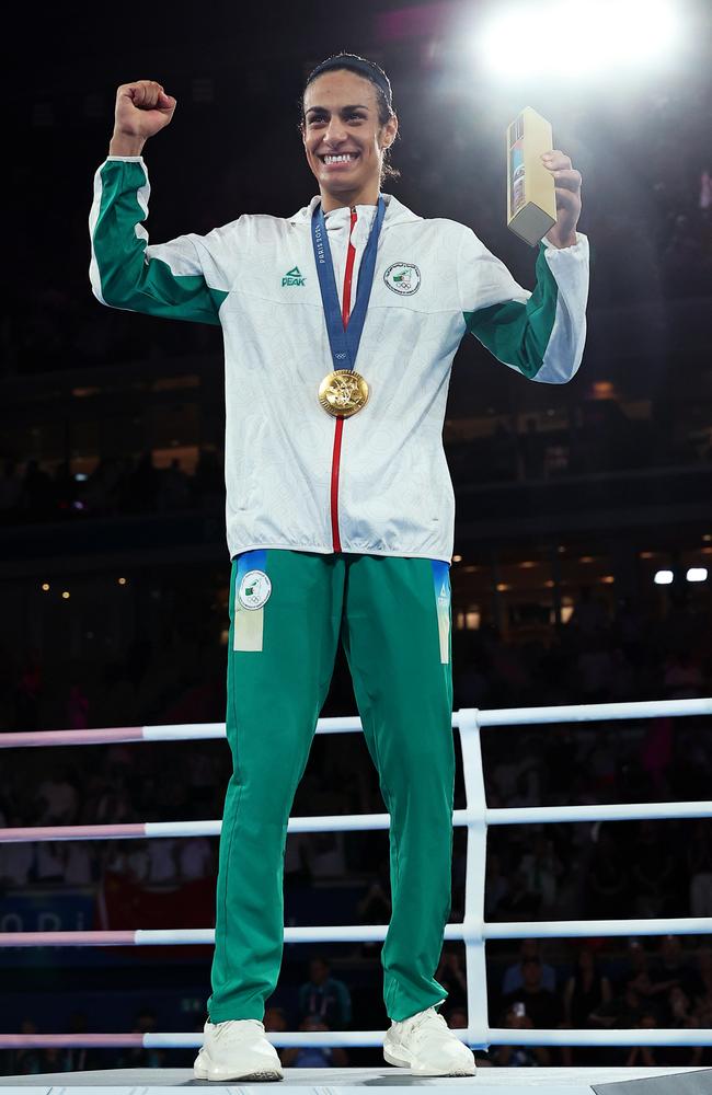 Imane Khelif celebrates on the podium after her gold medal triumph. Picture: Getty Images