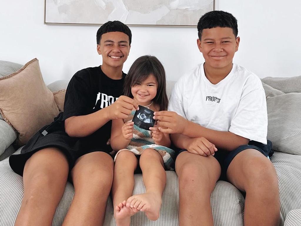 Brisbane Broncos player Payne Haas is the legal guardian for his younger brothers Geejay, 12, and Hans, 14, pictured with Haas' 3-year-old daughter Lalita. Photo: Supplied.