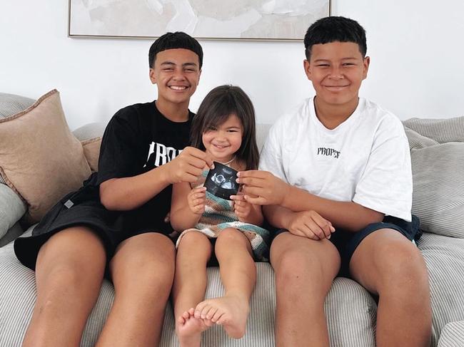 Brisbane Broncos player Payne Haas is the legal guardian for his younger brothers Geejay, 12, and Hans, 14, pictured with Haas' 3-year-old daughter Lalita. Photo: Supplied.