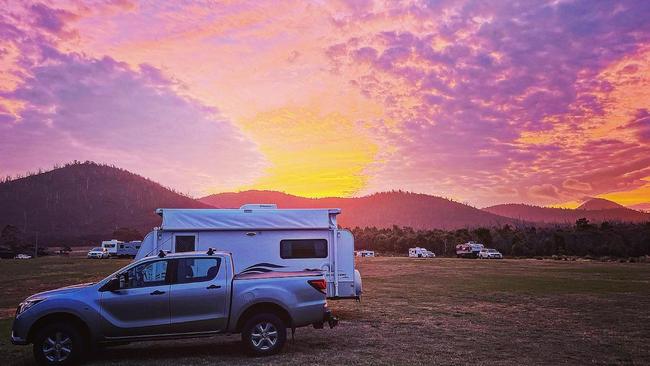 A coloured sky while camping at White Sands Estate. Picture: Natalie Murrell @gone_caravanning_tas