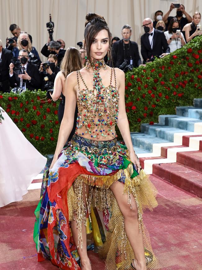 Emily Ratajkowski arrived at the 2022 Met Gala minutes after enduring a battle with a bead curtain that she sadly lost. Picture: Getty.