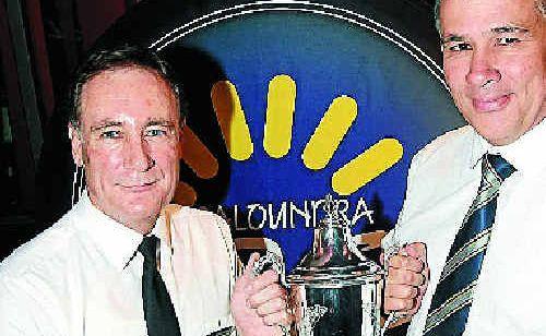 Press conference of Sunshine Coast Rugby Union premiership sponsored by Caloundra RSL. Caloundra RSL general manager Steve Fromont and SCRU president Glenn Ferguson with the premiership cup. Picture: Nicholas Falconer