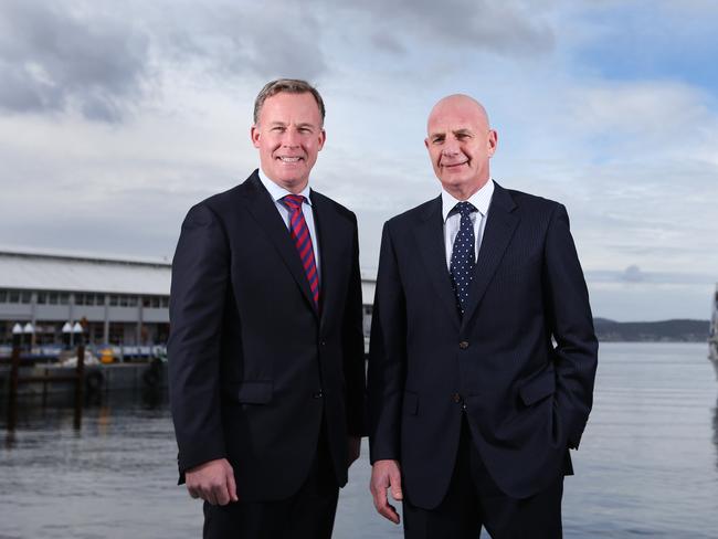 Premier Will Hodgman and Treasurer Peter Gutwein on the Hobart waterfront. Tasmanian State Budget 2016. Picture: NIKKI DAVIS-JONES