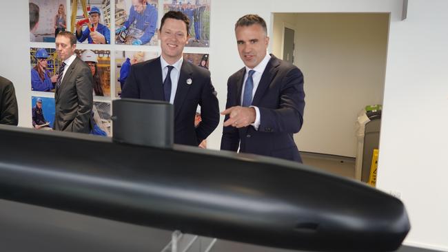 Premier Peter Malinauskas and UK Defence Procurement Minister Alex Chalk at the Barrow-in-Furness nuclear submarine shipyard operated by BAE Systems in 2023. Picture: supplied