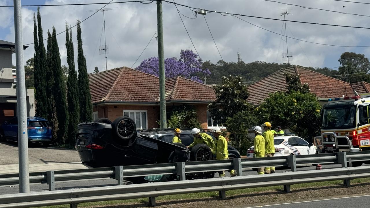 The car flipped on its roof during a crash with a truck. Picture: Andreas Nicola