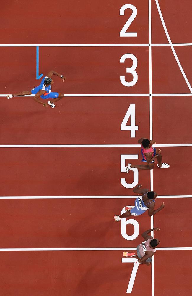 Noah Lyles (lane five) finished third behind Joseph Fahnbulleh and Aaron Brown. (Photo by Richard Heathcote/Getty Images)