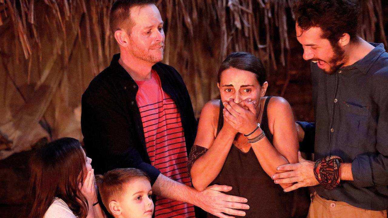 Pia Miranda reacts to her win as her husband, children and at right, runner-up Baden comfort her. Picture: NIGEL WRIGHT.