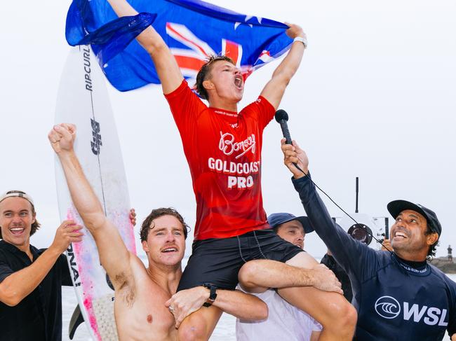 GOLD COAST, QUEENSLAND, AUSTRALIA - MAY 4: Mikey McDonagh of Australia after winning the Final of the Bonsoy Gold Coast Pro on May 4, 2024 at Gold Coast, Queensland, Australia. (Photo by Cait Miers/World Surf League)