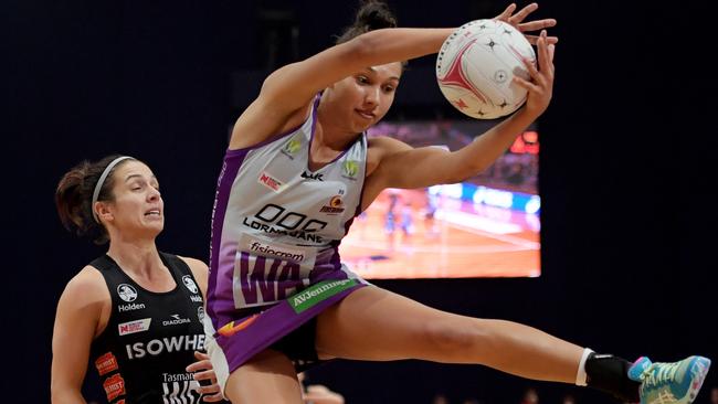 Jemma Mi Mi of the Firebirds catches during the Round 6 Super Netball match between the Magpies Netball and the Queensland Firebirds. Picture: AAP Image/Tracey Nearmy