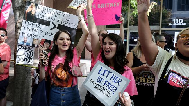 #FreeBritney activists react after news that Britney Spears' father, Jamie Spears, was removed by a judge as conservator of her estate. Picture: Kevin Winter/Getty Images