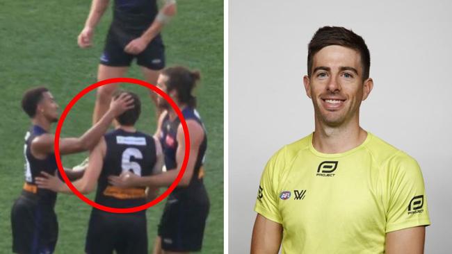 Jordan Clark consoled after the incident and former umpire Michael Pell. Photos: Fox Sports/Supplied