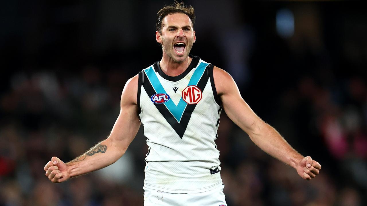 MELBOURNE, AUSTRALIA - JUNE 30: Jeremy Finlayson of the Power celebrates kicking a goal during the round 16 AFL match between St Kilda Saints and Port Adelaide Power at Marvel Stadium, on June 30, 2024, in Melbourne, Australia. (Photo by Quinn Rooney/Getty Images)