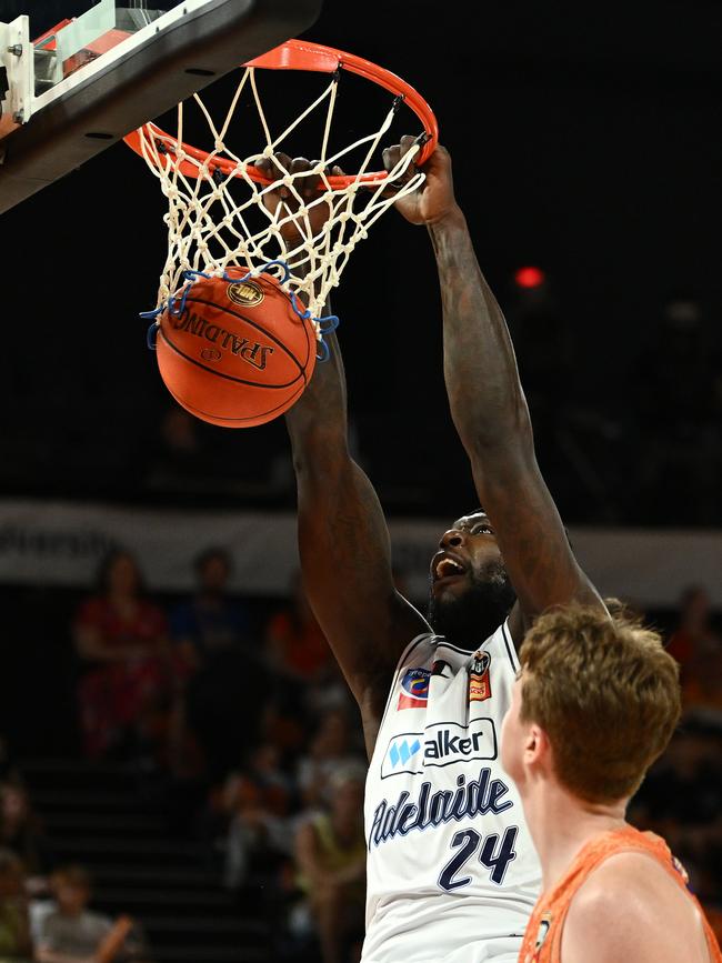 CAIRNS, AUSTRALIA - SEPTEMBER 28: Montrezl Harrell of the 36ers dunks the ball during the round two NBL match between Cairns Taipans and Adelaide 36ers at Cairns Convention Centre, on September 28, 2024, in Cairns, Australia. (Photo by Emily Barker/Getty Images)