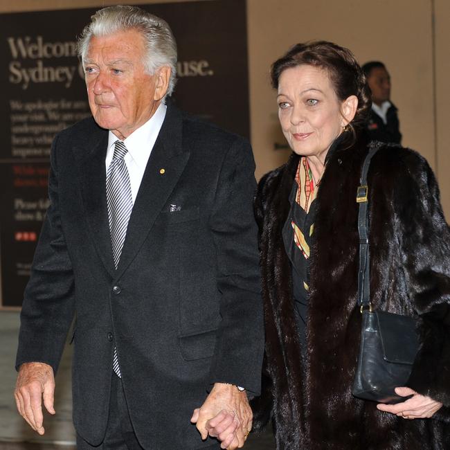 Former prime minister Bob Hawke with daughter Rosslyn Dillon as they arrive for the memorial service of Hazel Hawke at the Opera House in Sydney in 2013. Picture: AAP