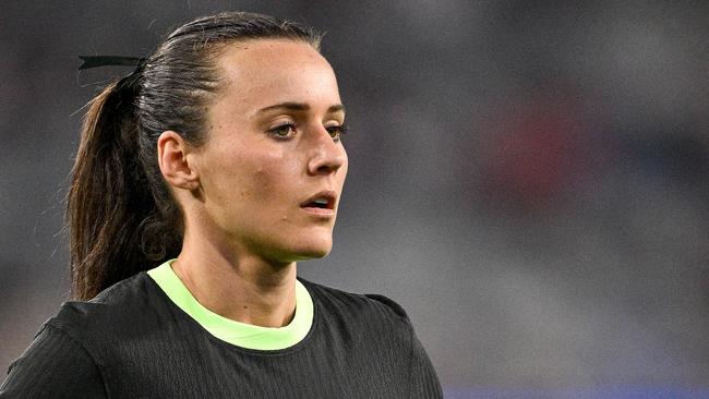 SAN DIEGO, CALIFORNIA - FEBRUARY 26: Hayley Raso #16 of Australia reacts during the second half of the 2025 SheBelieves Cup match between Australia and Colombia at Snapdragon Stadium on February 26, 2025 in San Diego, California.  (Photo by Orlando Ramirez/Getty Images)