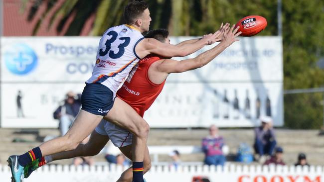 Brodie Smith keeps Aidan Tropiano at arm’s length. Picture: Brenton Edwards/AAP