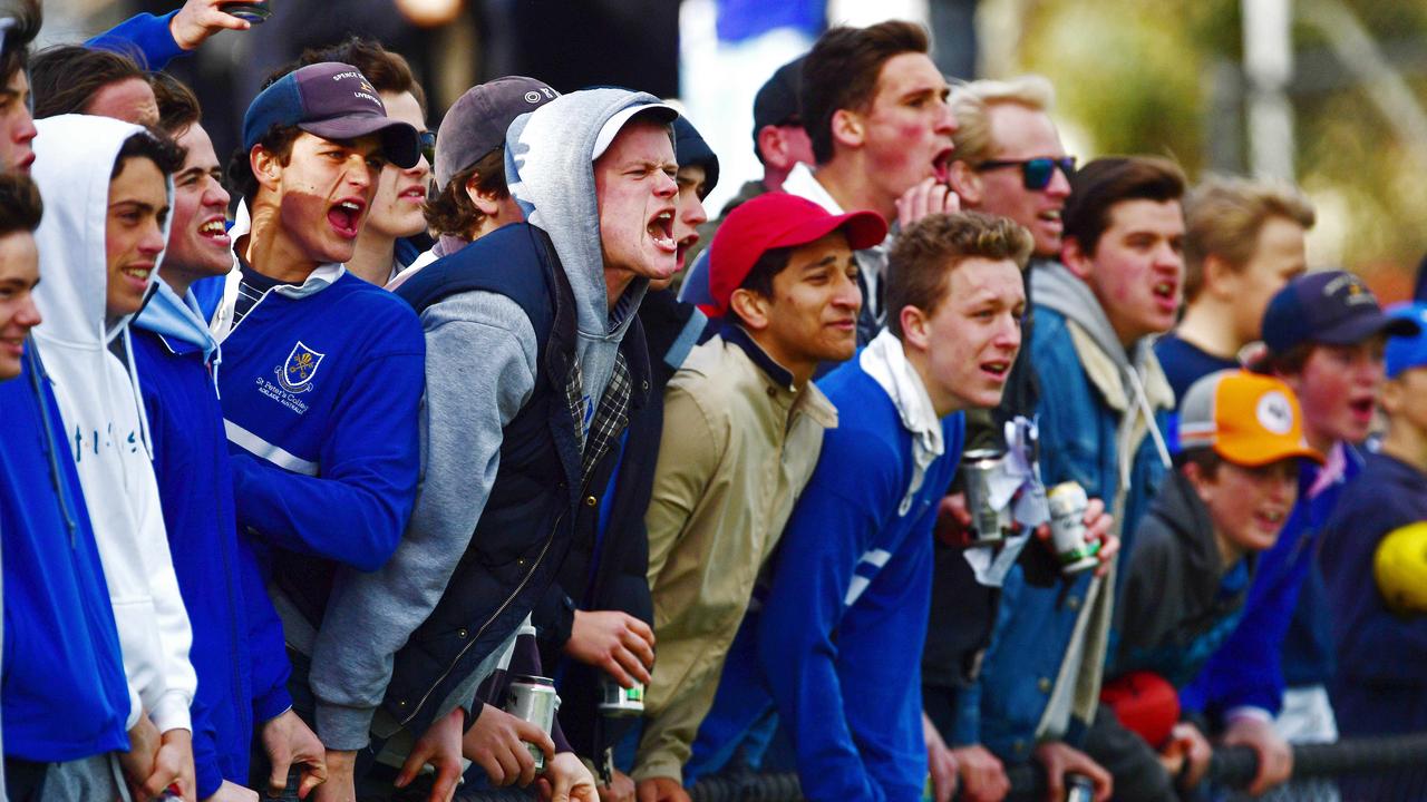 15/09/18 - Adelaide Footy League, Division 2 grand final. St Peters OC v Brighton Bombers.   St Peters fans getting vocal. Picture: Tom Huntley