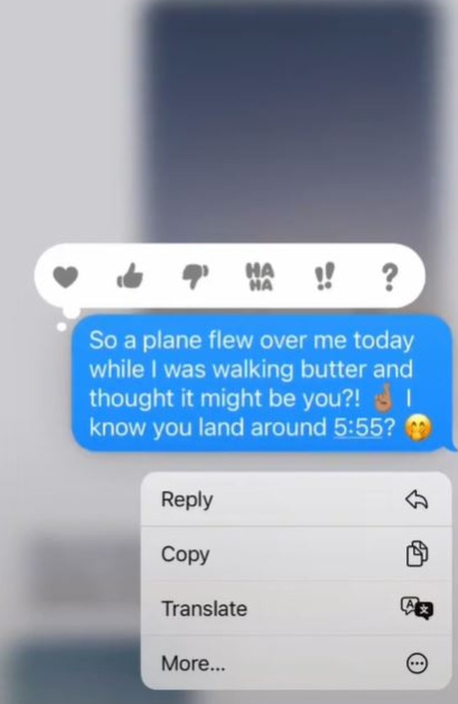 Neoma, from Sydney, texted her pilot boyfriend after she took a random photo of a plane while walking her dog.