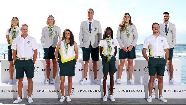 Pictured are Olympic Athletes (from left) Gronya Somerville, Lachlan Tame, Keesja Gofers, Jess Fox, George Ford, Bendere Oboya, Tarni Stepto, Dan Watkins and Safwan Khalil, unveiling the Sportscraft Tokyo Olympic Games Uniforms at Wylies Baths in Coogee today. Picture: Tim Hunter.