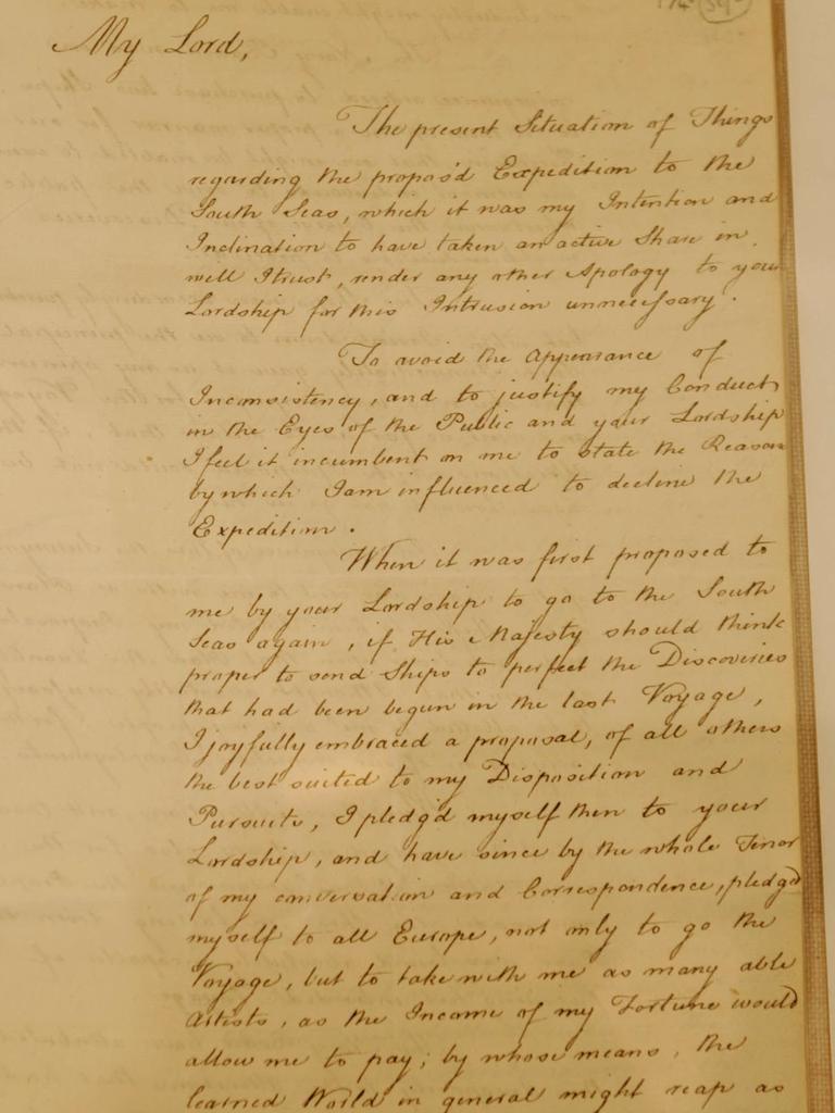 A portion of a letter from botanist Sir Joseph Banks to the expedition’s patron Lord Sandwich, head of the British Admiralty at the time. Picture: file image